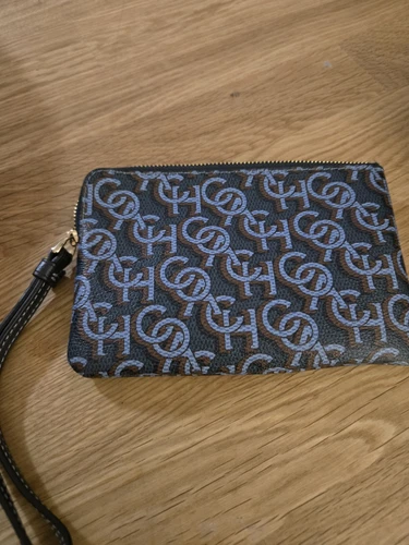Portafoglio Coach da polso con stampa monogramma logo firmato zip angolare blu navy nuovo con etichette