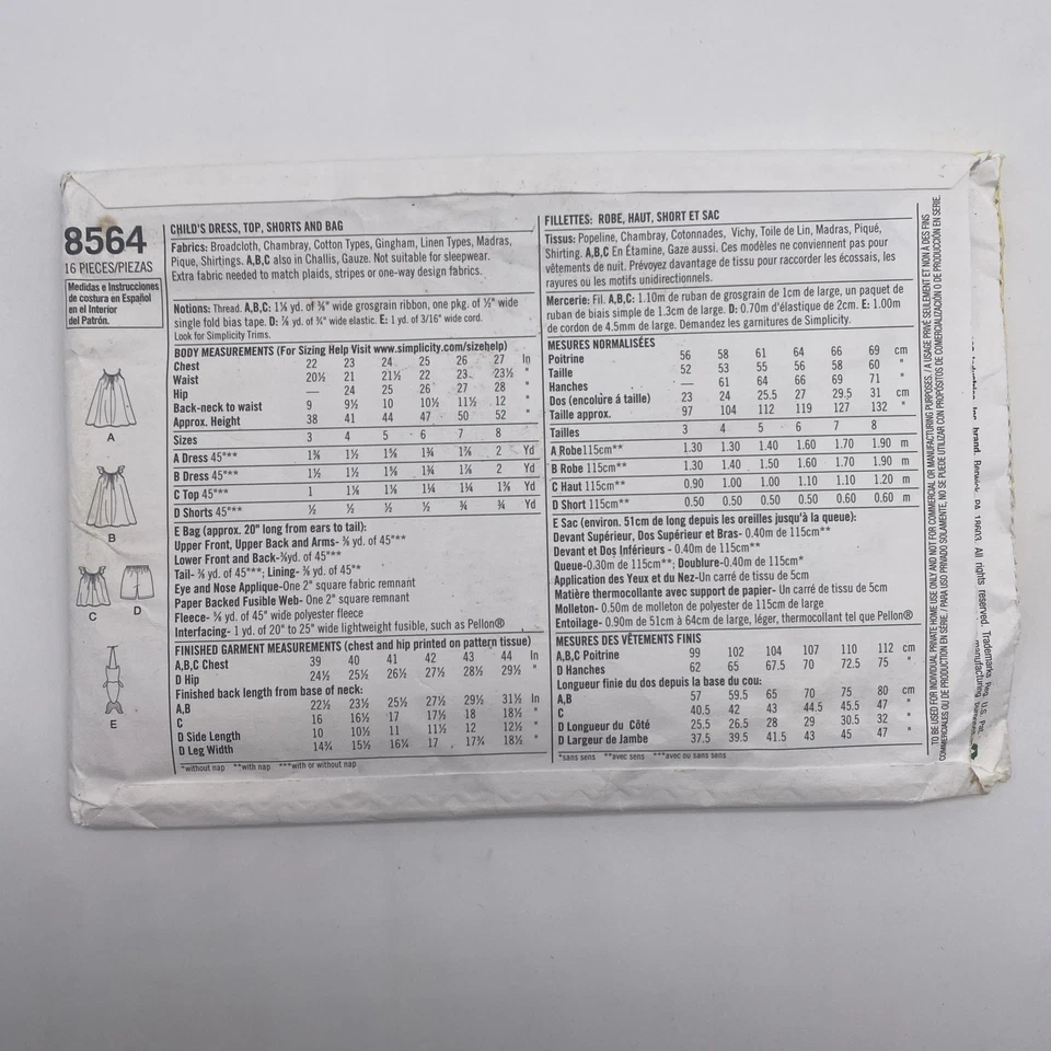Simplicity Sewing Pattern 8564 Girls Dress Size 3 4 5 6 7 8 Uncut - Image 2 of 4