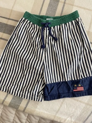 Vintage 90s Y2K Kitestrings Sz 5 Boys Swim Trunks Blue Striped USA Flag Green - Photo 1/4