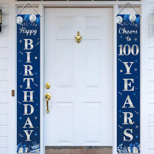 Happy 100th Birthday Door Banner Porch Sign Blue Silver, Cheers to 100 Years Bir