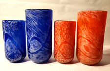 VTG Hand-Blown Thick Swirl Art Glass Vase, Blue  Tangerine Orange Swirl, U-Pick