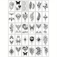 30pcs Set of Beautiful Black Line Painted Butterfly Flower Temporary Tattoos