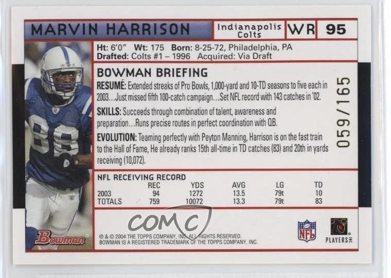 2004 Bowman White /165 Marvin Harrison #95 HOF - Image 2 of 2