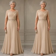 Mother of The Bride Dresses Champagne Cowl Neck Cape Sleeve Wedding Evening Gown