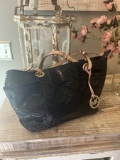 Michael Kors Jet Set Black Embossed Leather Python Snakeskin Tote Shoulder Bag