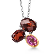 925 Silver and 10K Yellow Gold Garnet and Pink Mystic Topaz Pendant Necklace