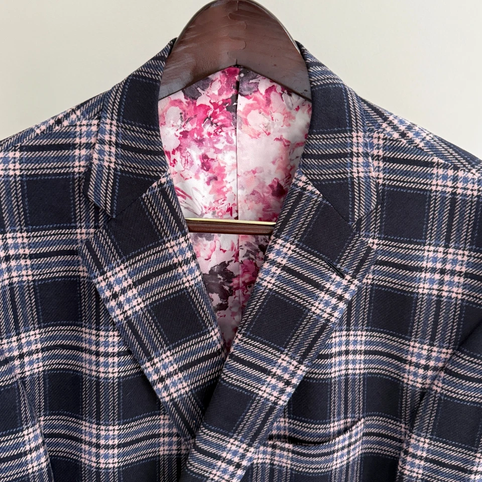 Men's Bespoke Wool Navy Blue Plaid Suit Jacket Blazer Custom Floral Lined 54/56R - Image 3 of 4