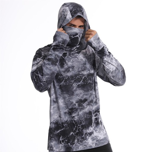 UPF50+ Mens Outdoor Fishing Hoodie Sun Block Skin Protection Long Sleeve T-Shirt - Picture 12 of 13