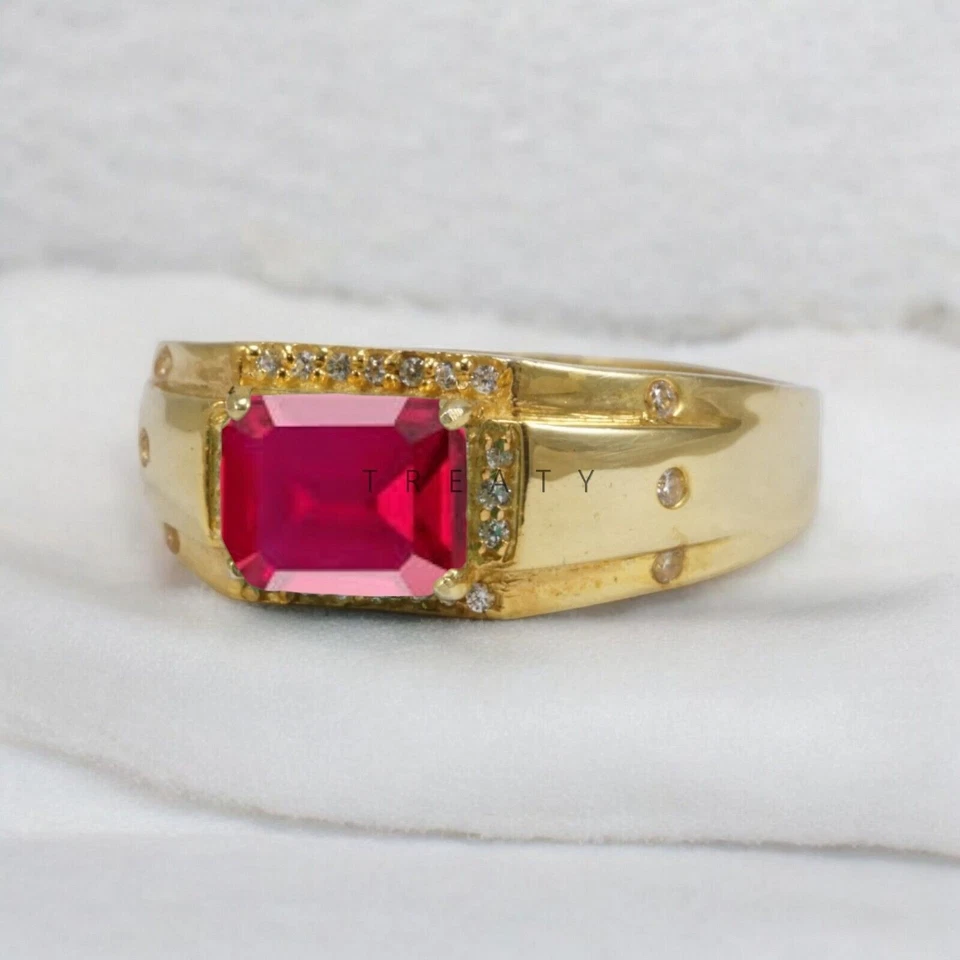 Ruby Emerald Cut With 925 Sterling Silver Gold Plated Ring For Men's #A83 - Image 3 of 4