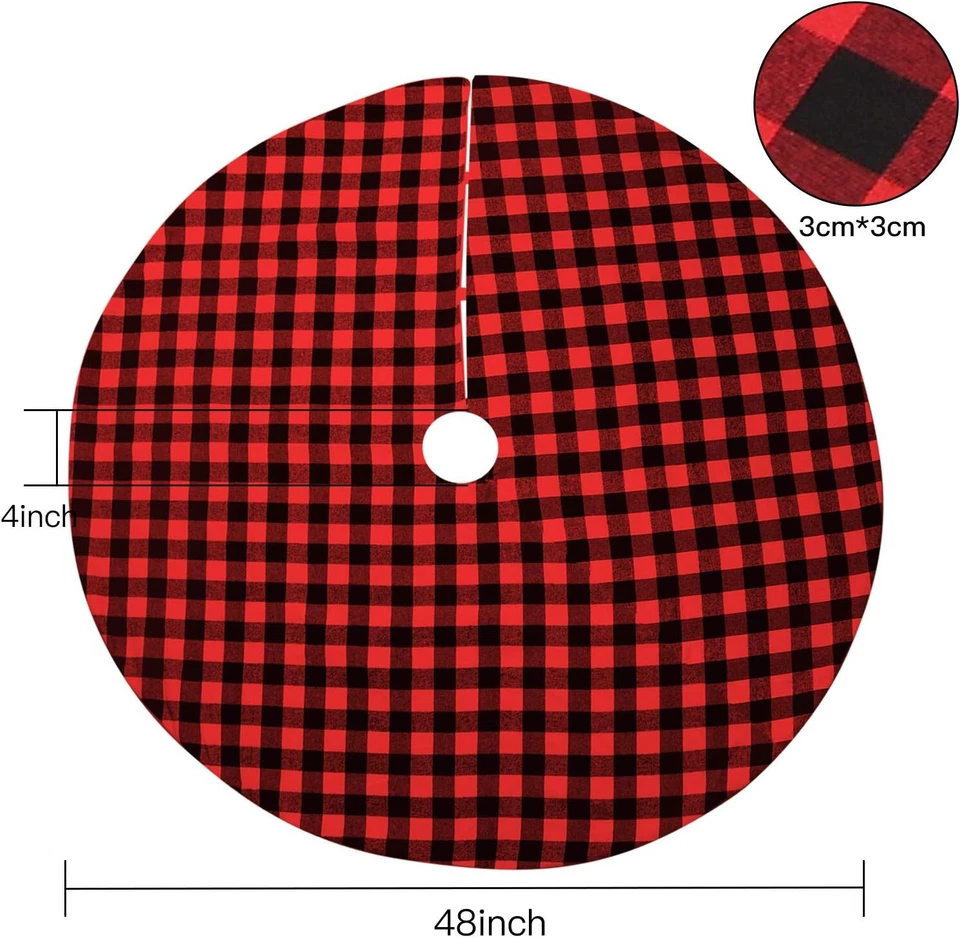 Christmas Tree Skirt 48 inch Large, Double Layer Red and Black Plaid Buffalo - Image 3 of 4