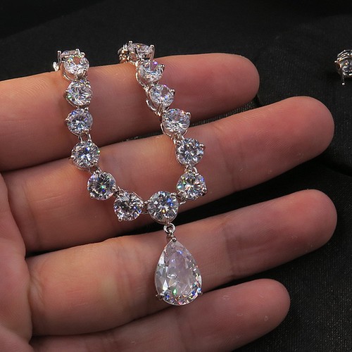 Luxury All CZ Cubic Zirconia Necklace Earrings Set Wedding Queen Princess Prom - Picture 2 of 6