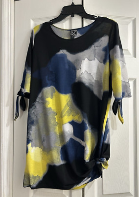 Clara Sun Woo Tunic Top~Blue Black Yellow  Watercolor~40 bust~31 long~Hem knot~S