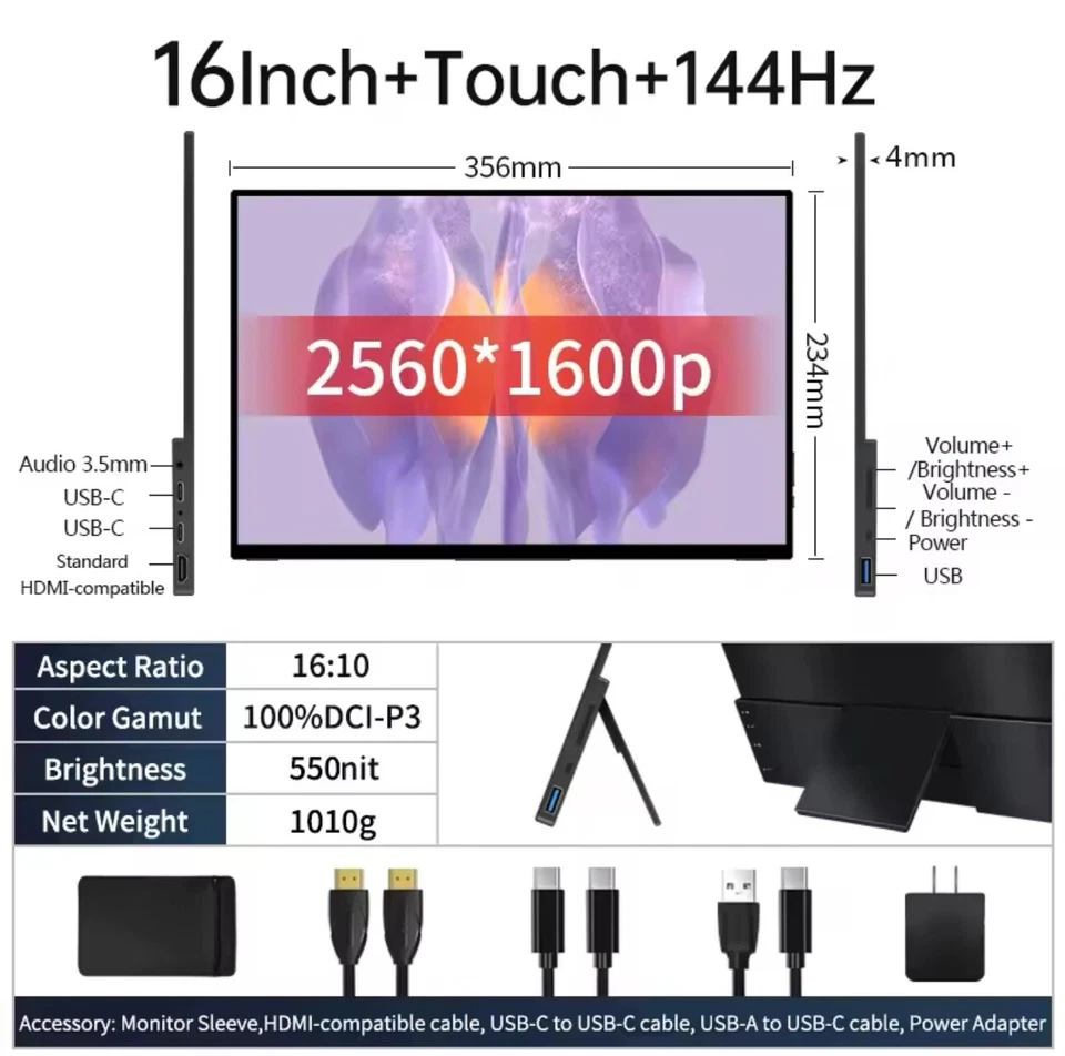 VCHANCE 16” Inch 2.5K 144hz Touch Screen Portable Monitor Display for Laptop PC - Image 2 of 4
