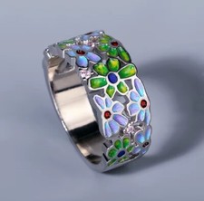 Blue Green Enamel Flower Zircon Ring Size N R T Platinum Plated Retro Vintage