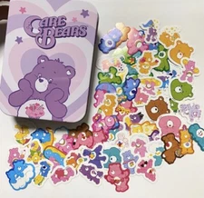 Care Bears Sticker Flakes Set 1pc Tin Can Box New Cheer / Share Pink Purple