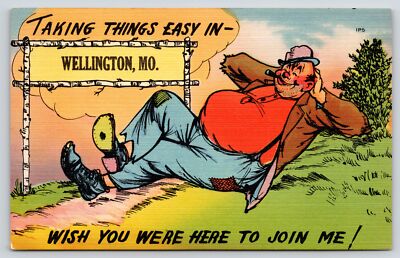 ''Taking Things Easy'' in Wellington Missouri~Hobo Bum Lays Back~1940s Linen Comic