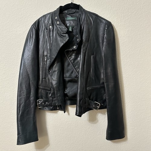 Lauren Ralph Lauren Leather Moto Jacket Black Tumbled Biker Core Women Lg - Picture 4 of 17