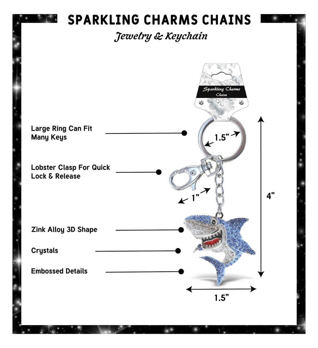 Aqua79 Shark Keychain - Silver 3D Sparkling Charm Rhinestones