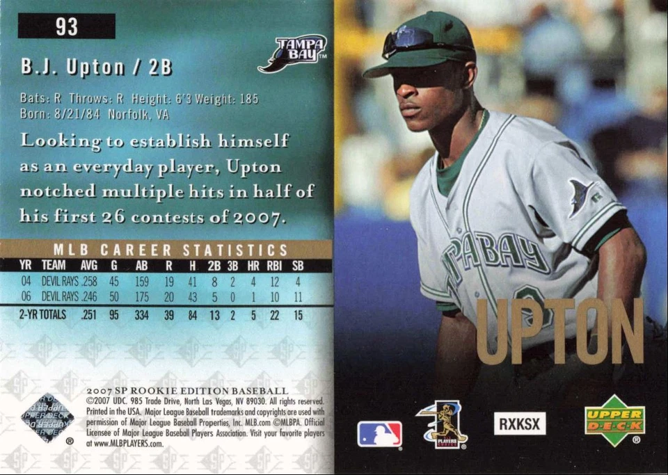 2007 SP Rookie Edition B.J. Upton Tampa Bay Devil Rays #93 - Image 2 of 2