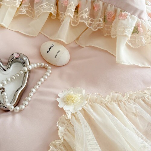 4Pcs Princess Wedding Bedding Set Korea Style LaceFlowers Embroidery DuvetCover - Imagen 15 de 24