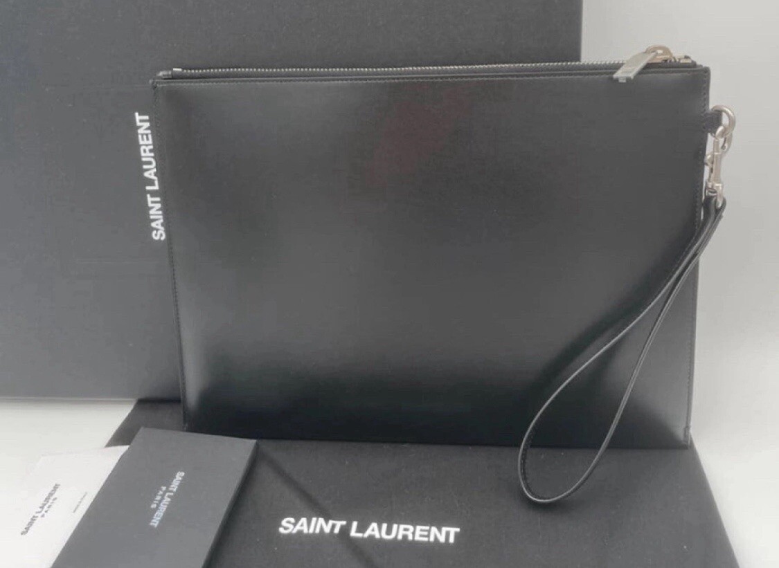 NEW SAINT LAURENT LARGE BLACK LEATHER ZIP WRISTLET CLUTCH BAG