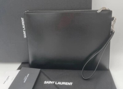 NEW SAINT LAURENT LARGE BLACK LEATHER ZIP WRISTLET CLUTCH BAG