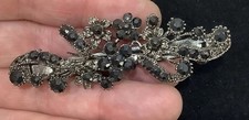 Vintage Ladies Hair Clip Barrette Floral  Faceted Black Jet Glass Rhinestones