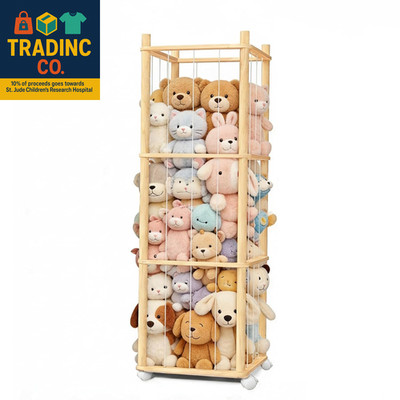 Stuffed Animal Storage, Wood Stuffed Animal Zoo Storage with Brake Wheels, Space