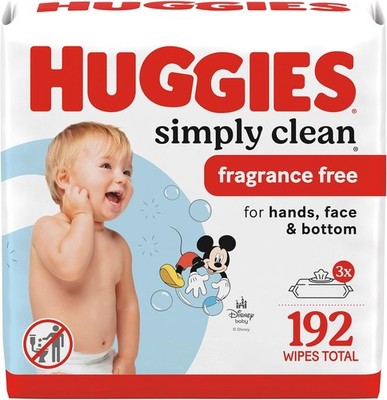 Huggies Simply Clean Fragrance-Free Baby Wipes 3 Flip-Top Packs(192 Wipes Total)