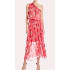MONIQUE LHUILLIER One Shoulder Floral Ruffled Printed Sheer Bottom Midi Dress- 6