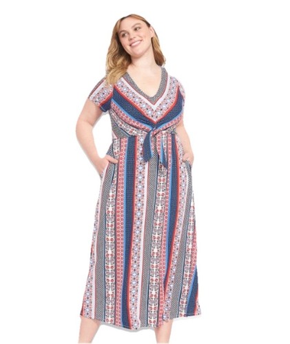 New Lane Bryant Maxi Dress 22-24 Patchwork Striped Short-Sleeve V-Neck Knotted