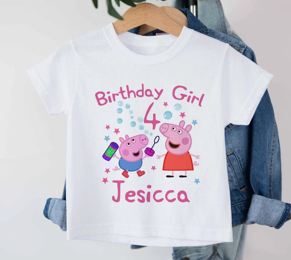 FRUIT OF THE LOOM PERSONALISIERTES KINDER T-SHIRT GEORGE & PEPPA PIG GEBURTSTAG MÄDCHEN OBERTEIL T-SHIRT