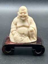Vintage Hand Carved Buddha Figure On Wood Base 2.5” Tall 1940 Era