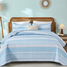 King Size Quilts Blue, 3 Pieces Boho Striped Bedspread Bedding for King Size Bed