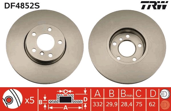 Disque de frein TRW DF4852S avant en fonte grise pour berline et compacte