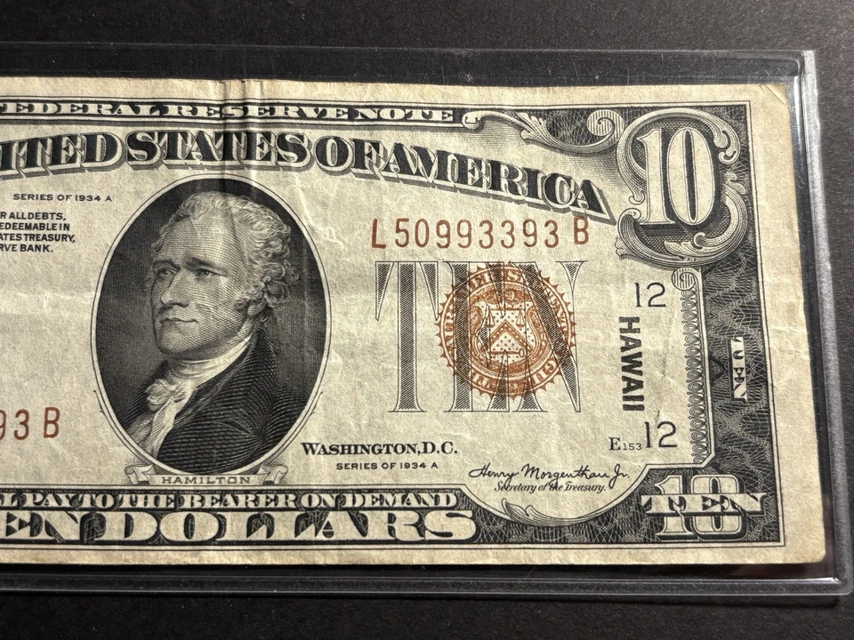 1934-A $10 Federal Reserve Note — Circulated — WWII Hawaii Emergency Issue - Image 3 of 4