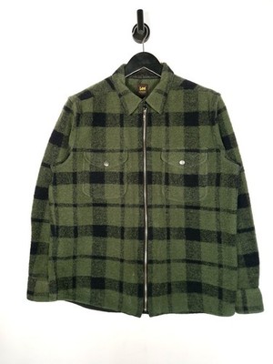 Lee Wool Overshirt Jacket Size Large Herren Grün Kariert Wolle Full Zip Shacket