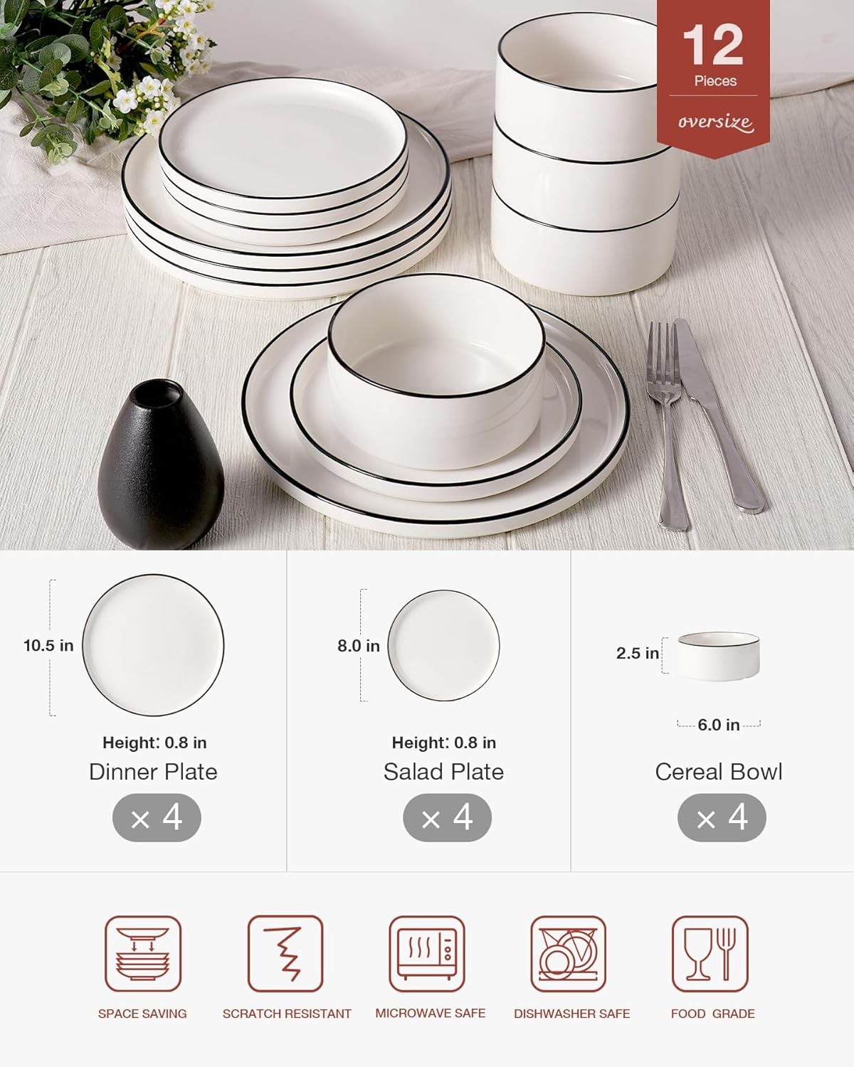 Famiware Porcelain Dinnerware Set, 4-Set(12pcs), White with Black Trim 