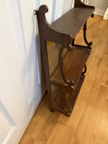 VTG MCM Three Tier Shelf Scroll Cut Wood Chippendale Style Mirror Back