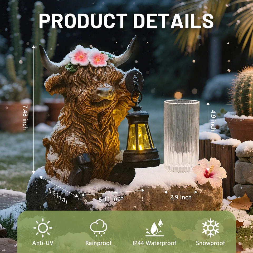 Highland Cow Solar Lantern - Bright LED, Auto-On, Rustic Farmhouse Decor - Image 4 of 4