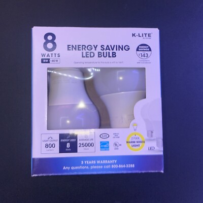 K Lite Energy Saving LED Light Bulbs (2 Pack) 8W=60W Warm White Light Dimmable