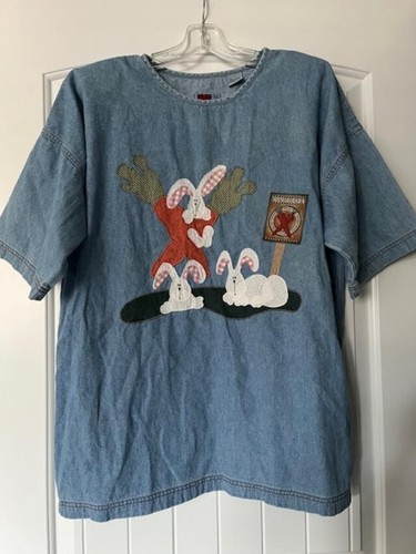 Vintage SUN BELT Top Blue Denim Blouse Scoop Neck Shirt Sz L 80s Bunny Carrots - 第 1/4 張圖片