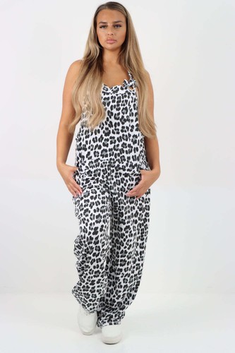Dungaree Women Leopard Print Jersey Dungaree Jumpsuits Front Tie Knot Design Cas - Picture 42 of 44