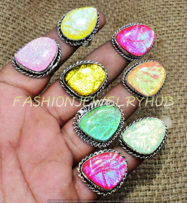 Dicoric Glass Gemstone 10pcs Rings Lot 925 Silver Plated Jewelry