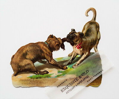 um 1900 Hunde Wurst Streit Haustiere Tierliebe Glanzbild Prägedruck Ephemera 