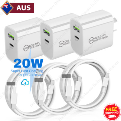 3Pack 20W PD Type C Adapter Cable USB C Fast Wall Charger For iPhone 14/13/12/11