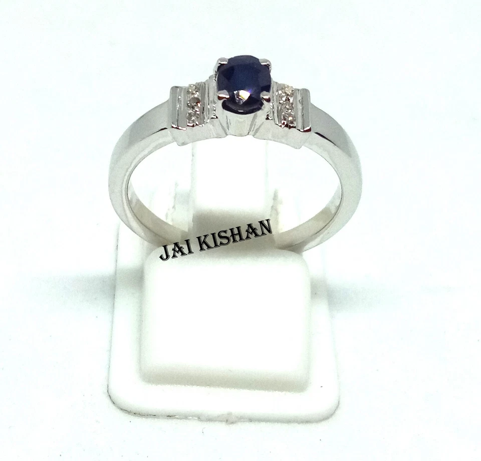 Anello Dainty In Argento Sterling 925 Con Zaffiro Blu Naturale E Diamante Reale - Immagine 2 di 4