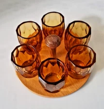 RARE ANTIQUE BOHEMIAN MOSER ART DECO AMBER GOLD VODKA SHOT SET IN WOODEN HOLDER