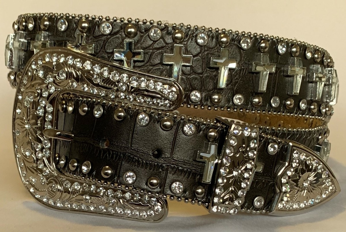 NOCONA BELTS Medium Dk Brown Leather Moc Croc Cross Conchos
