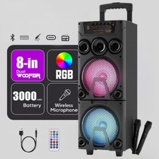 Dual 8" Wooden Bluetooth Party Speaker w/LED Lights,2 Wireless Mics,USB/AUX/TWS